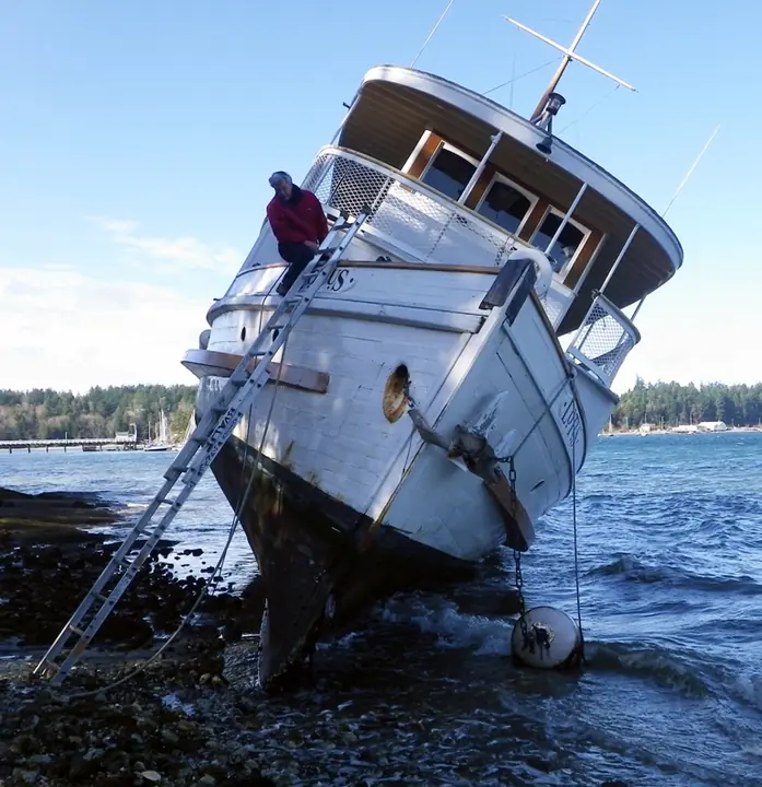 Grounded wooden vessel during salvage inspection